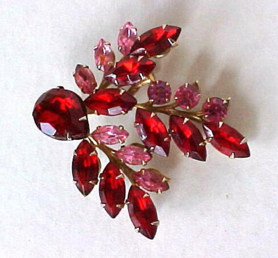 Vintage 1950s Rhinestone Brooch Red Pink Abstract Large Pin
