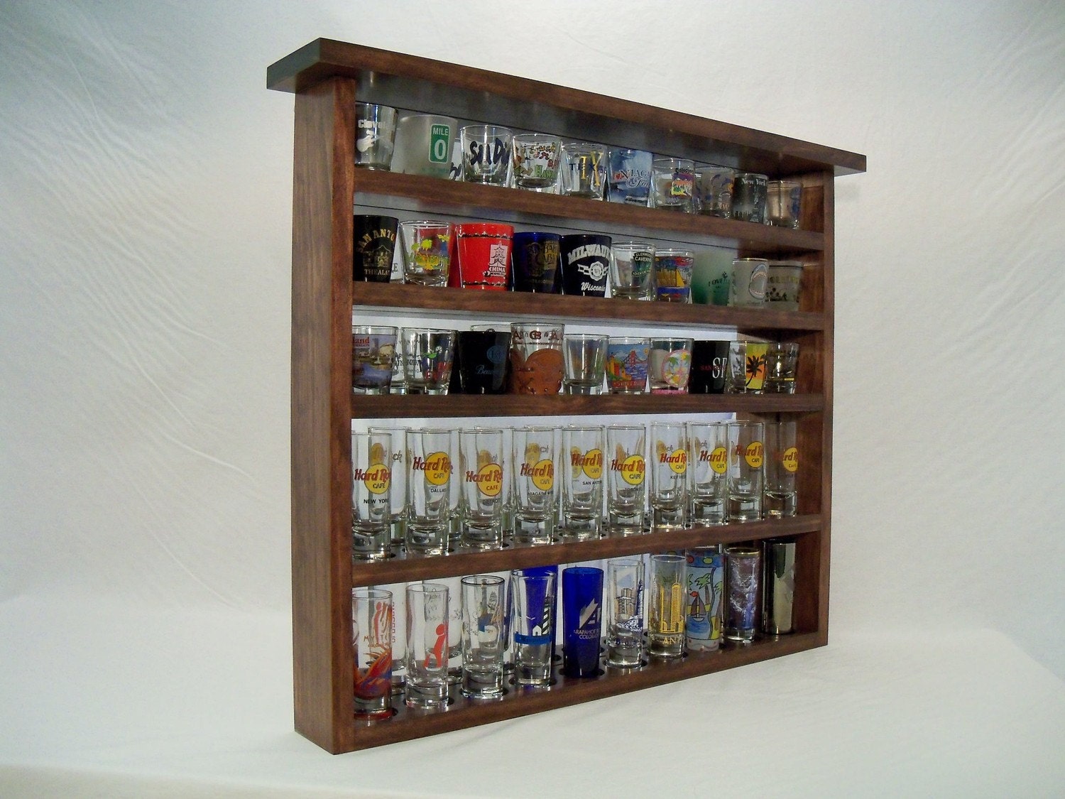 Red Mahogany 50 Shot Glass Display Case With Mirror Background