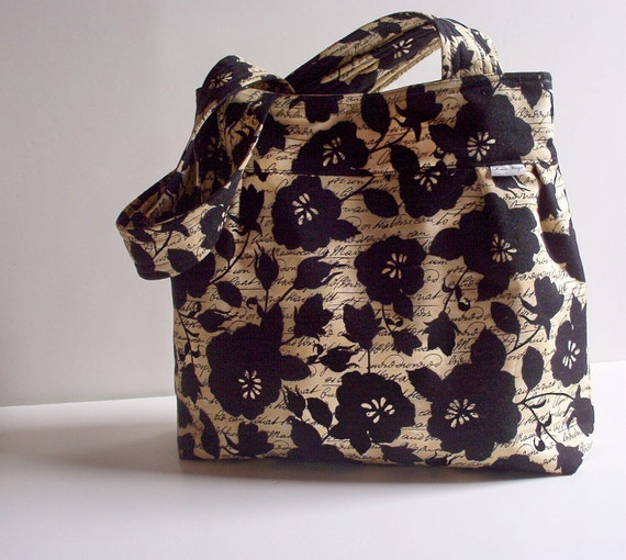 Items similar to Floral Cream Script Purse Handbag Tote Hobo -Dual ...