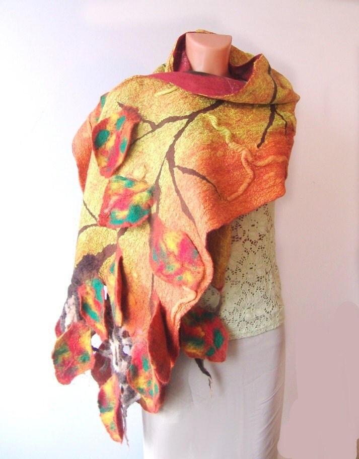 Nuno felted Scarf Autumn leaves Yellow
