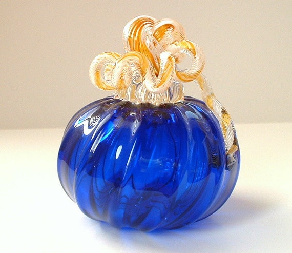 Hand Blown Cobalt Blue Glass Pumpkin