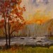 ACEO,miniature acrylic painting autumn sunrise, maple tree, creek