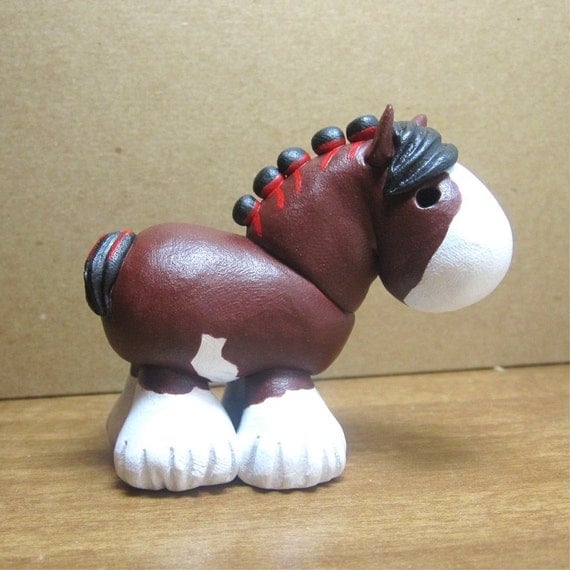 Bay Clydesdale painted clay horse