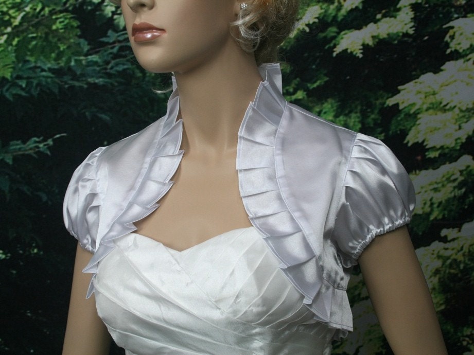 White short sleeve satin wedding bolero jacket shrug by alexbridal