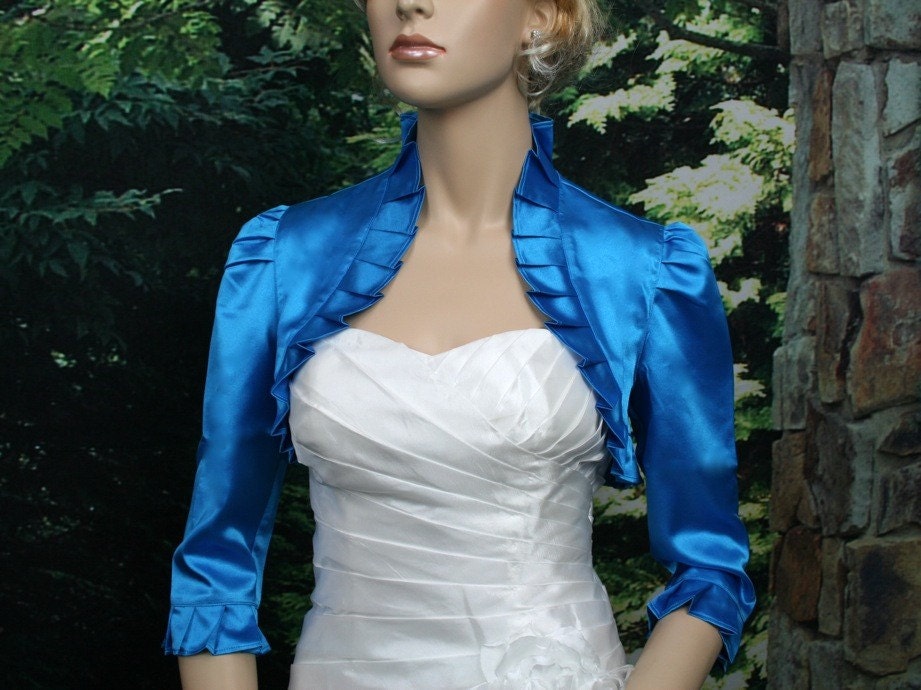 Bright Blue 3/4 sleeve satin bolero wedding bolero jacket