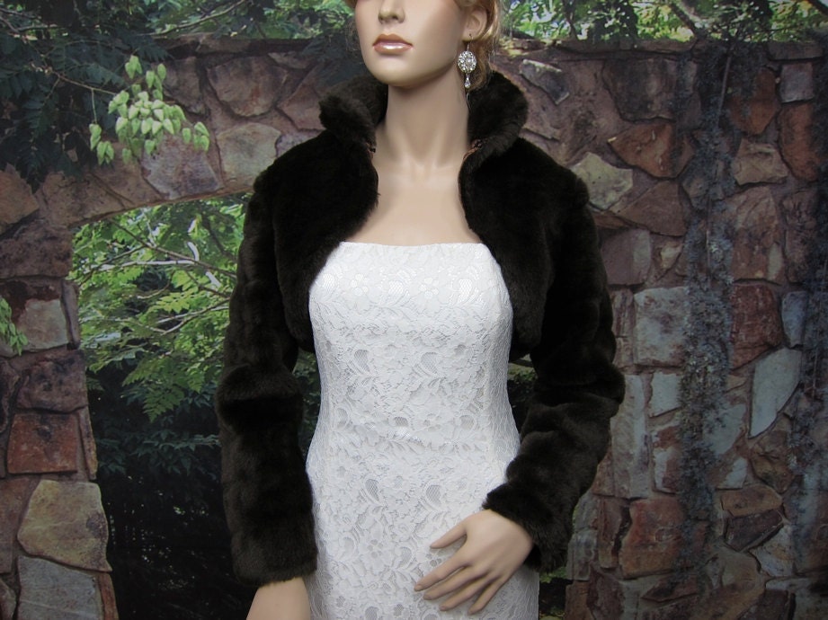 Brown faux fur long sleeve jacket shrug bolero by alexbridal
