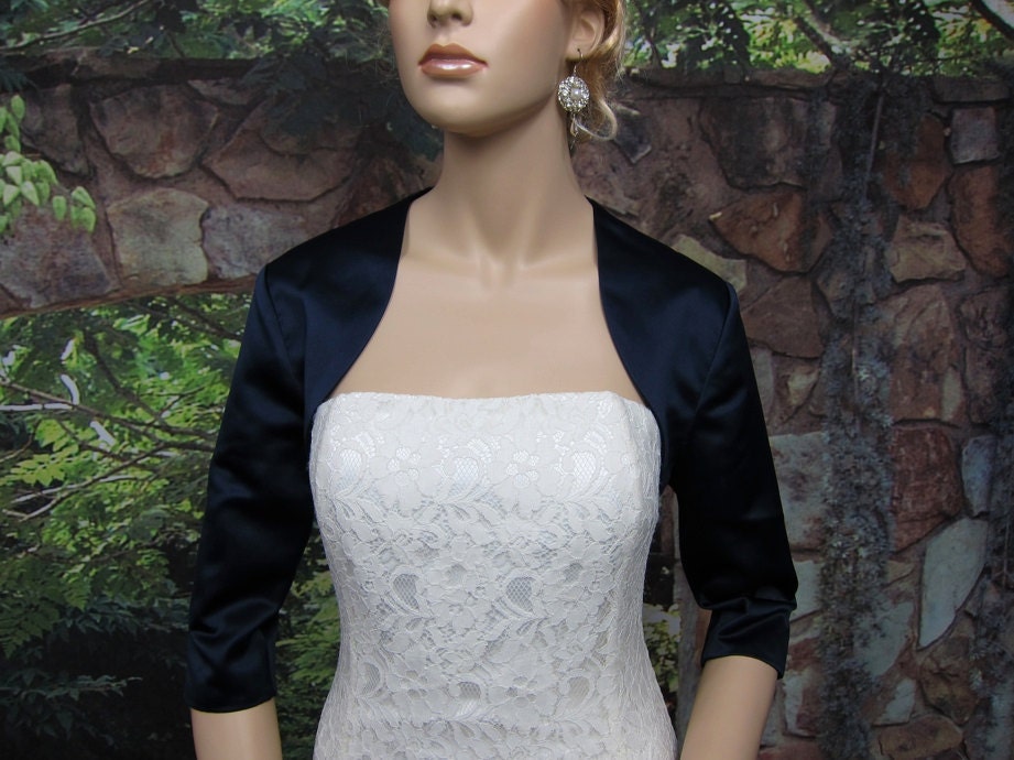 Navy Blue 3/4 sleeve satin wedding bolero jacket by alexbridal