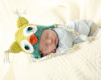 Owl Earflap Hat Crochet Pattern-6 sizes-baby to adult(Permission to sell finished items.Photography prop)Immediate PDF file download.