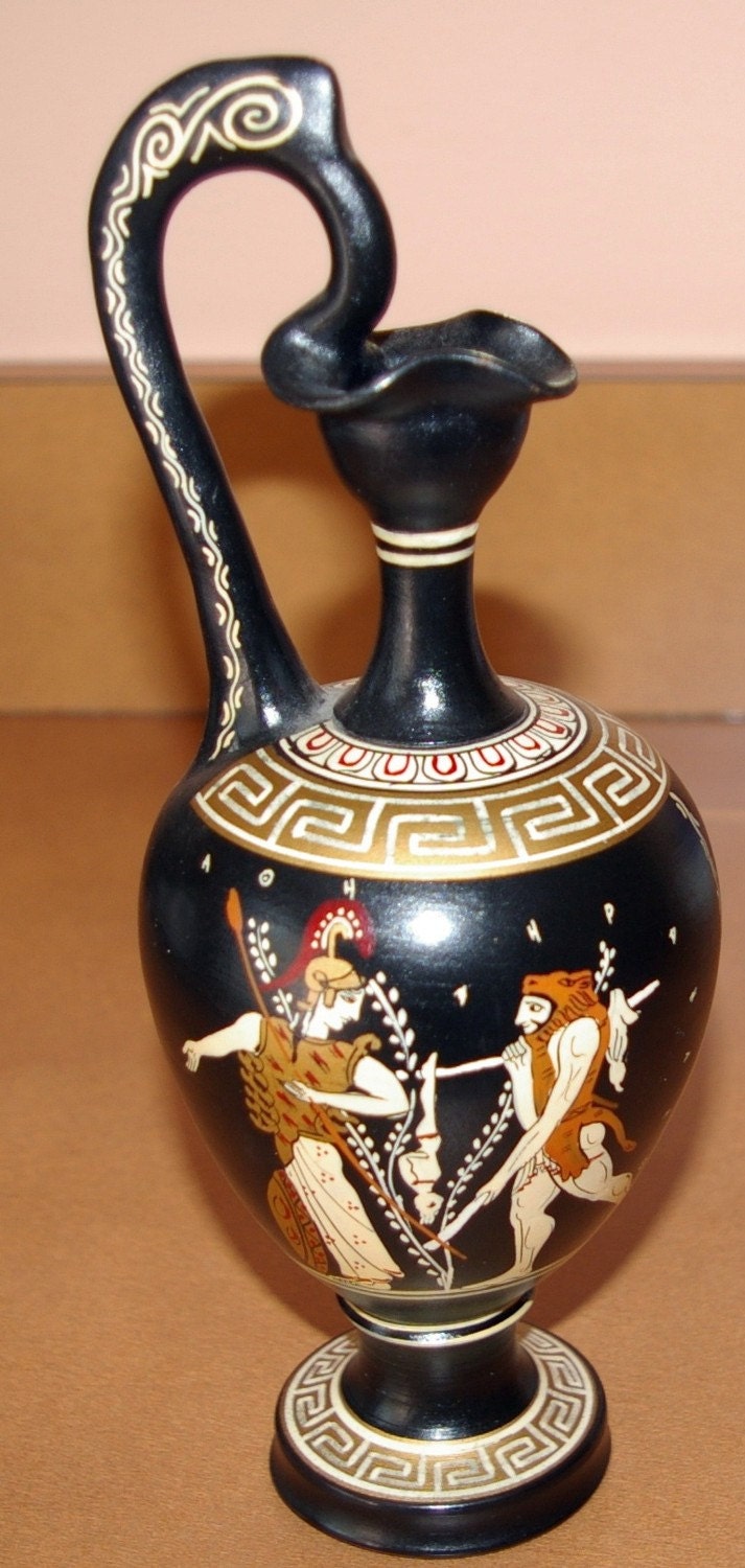 Grecian Vase Black Handmade in Greece Vintage 1976