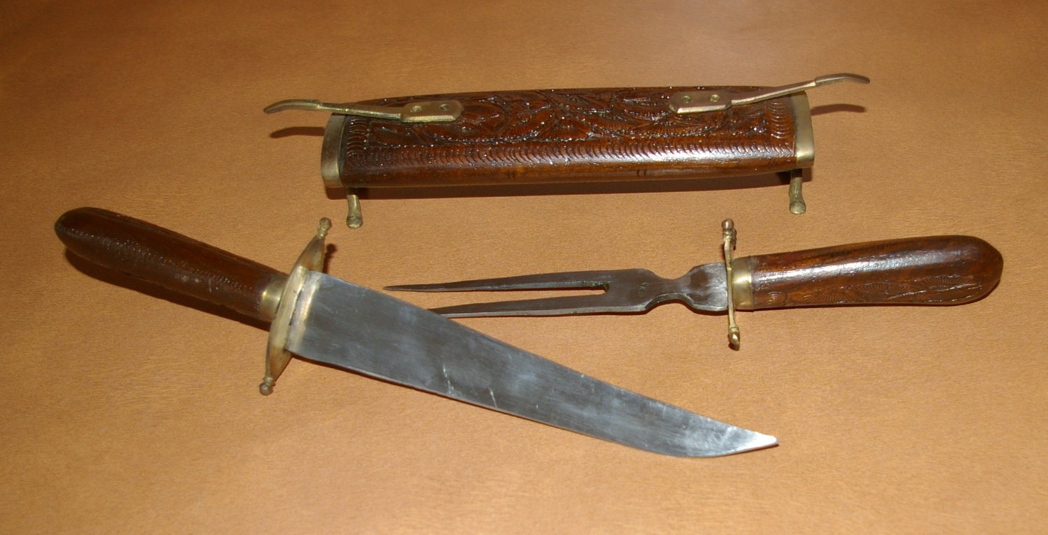 Vintage Hand Carved Wood Knife & Fork Holder Scabbard Sheath