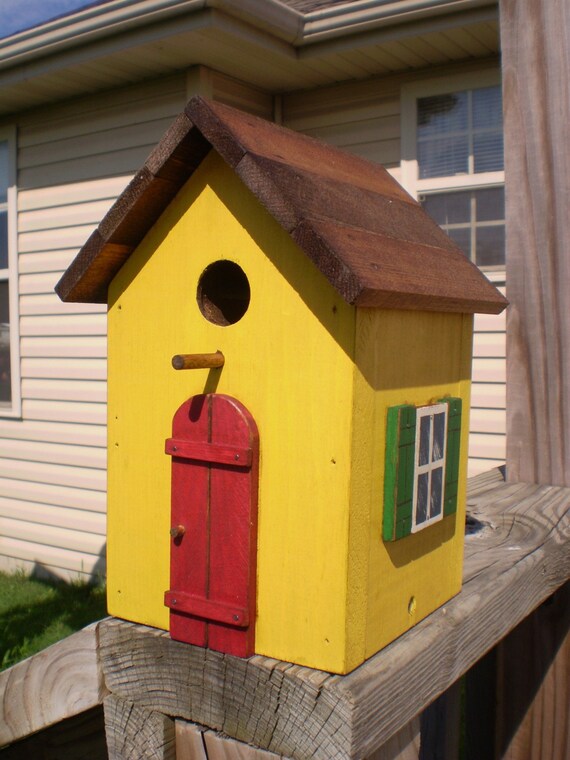 Items similar to Yellow Birdhouse with Red Door, and Green Shutters on Etsy