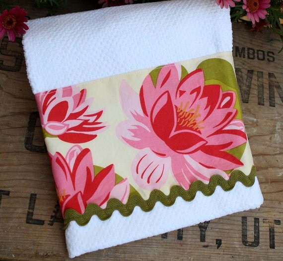 Pink Floral Fabric Tea Towel Dish Towel or Guest Towel
