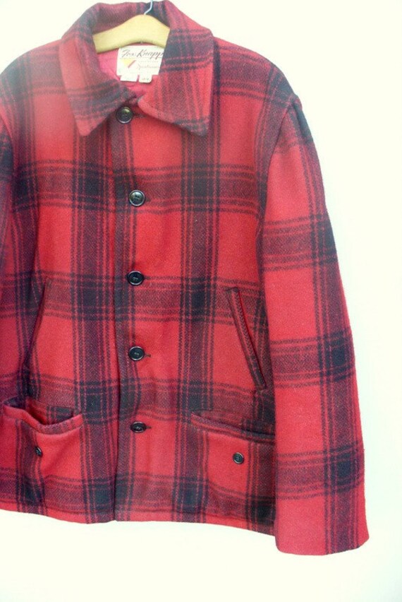 Vintage Mens Wool Coat Red and Black Buffalo Check Plaid