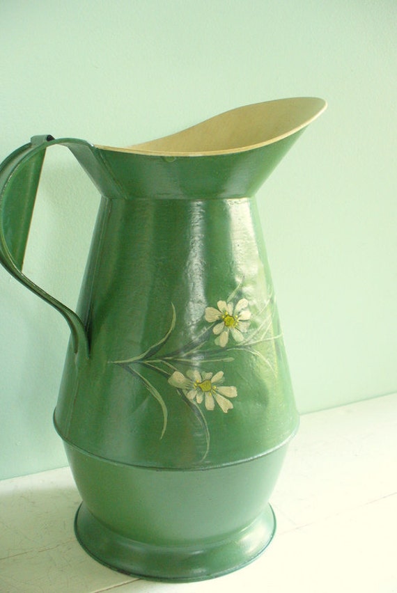 Vintage Green Metal Pitcher Vase with Painted Daisies Flowers