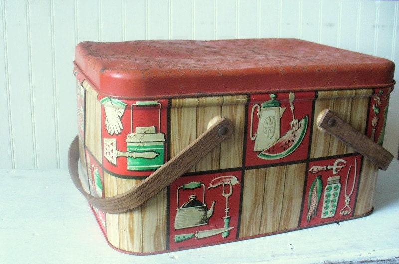 Vintage Tin Picnic Basket Mid Century Teapots Watermelon
