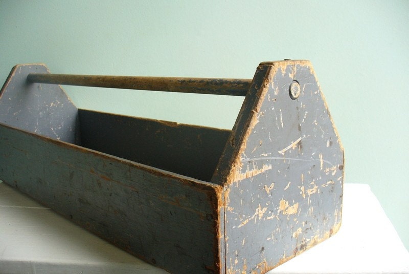 Vintage Rustic Wooden Tool Caddy Grey Gray Handmade Primitive