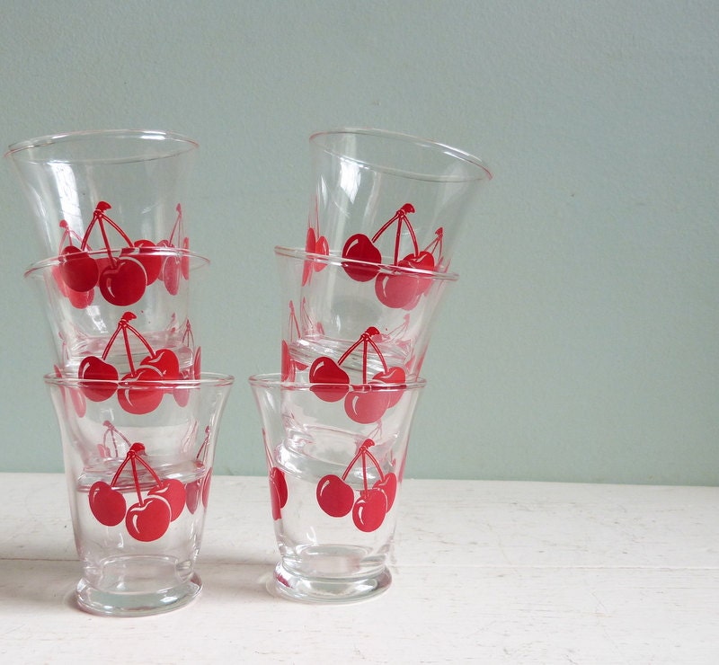 Vintage Libbey Juice Glasses Red Cherries Cherry Set of Six