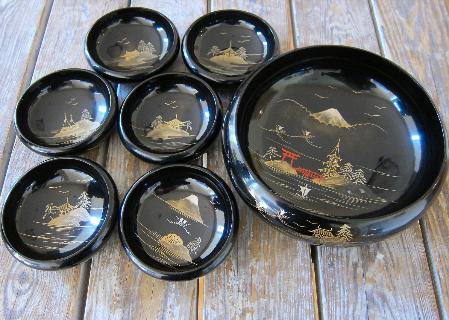 Aizu Cherry Lacquerware Bowls JAPAN splendid 1950s Post WW II