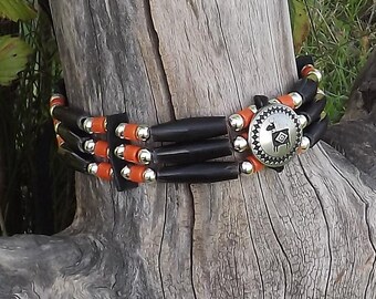 hair pipe choker, black horn Mimbres elk, deer button, orange and black, glass and leather, pow wow regalia, native style, tribal style