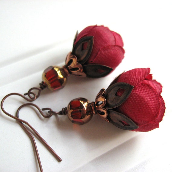 Red Silk Flower Earrings Rosebud Antiqued Copper OOAK