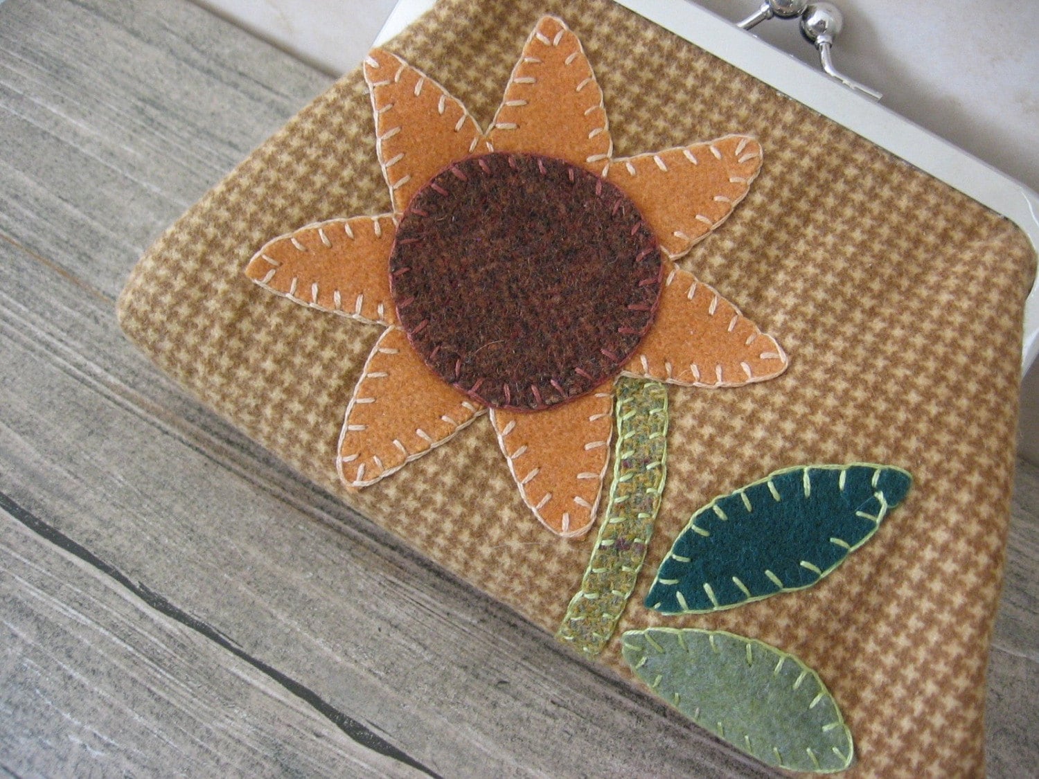 Sunflower Wool Felt Applique Clutch Purse