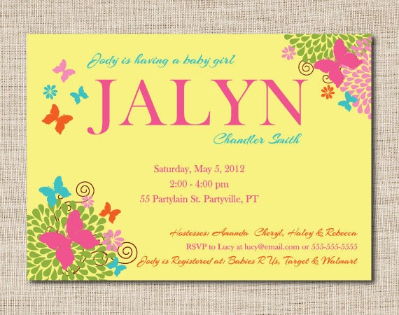 Butterfly baby shower invitation featuring baby name.