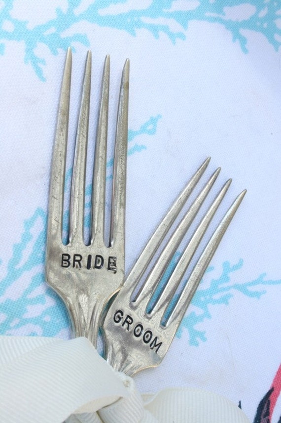 Bride and Groom table marker place cards hand stamped vintage