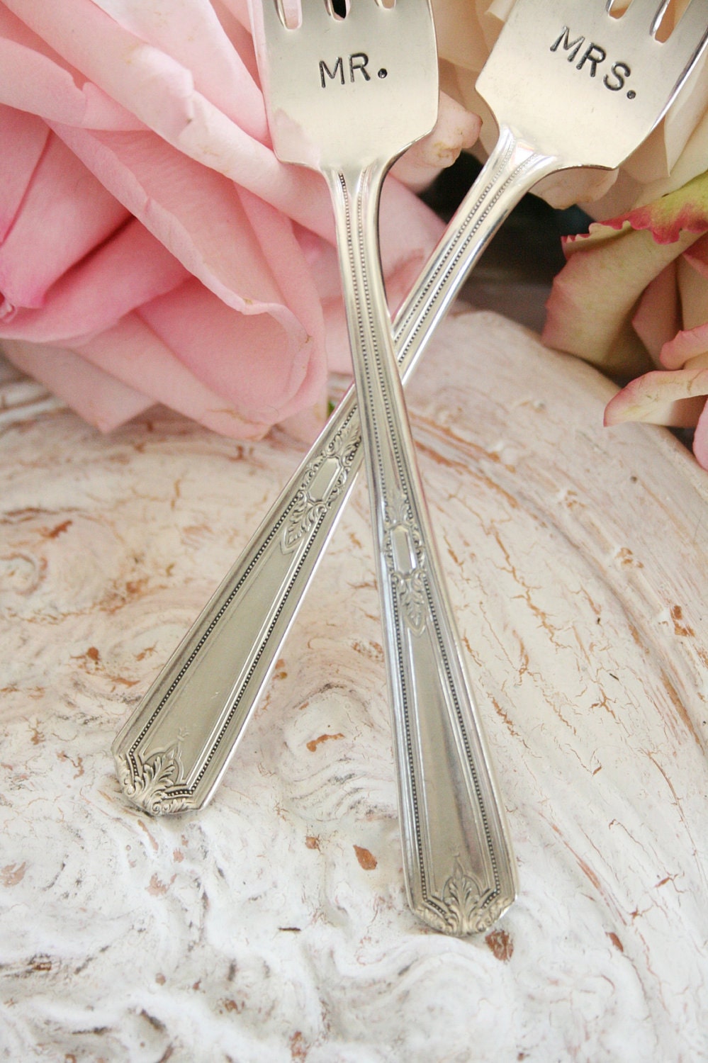 Customized Mr and Mrs wedding cake forks by BeachHouseLiving