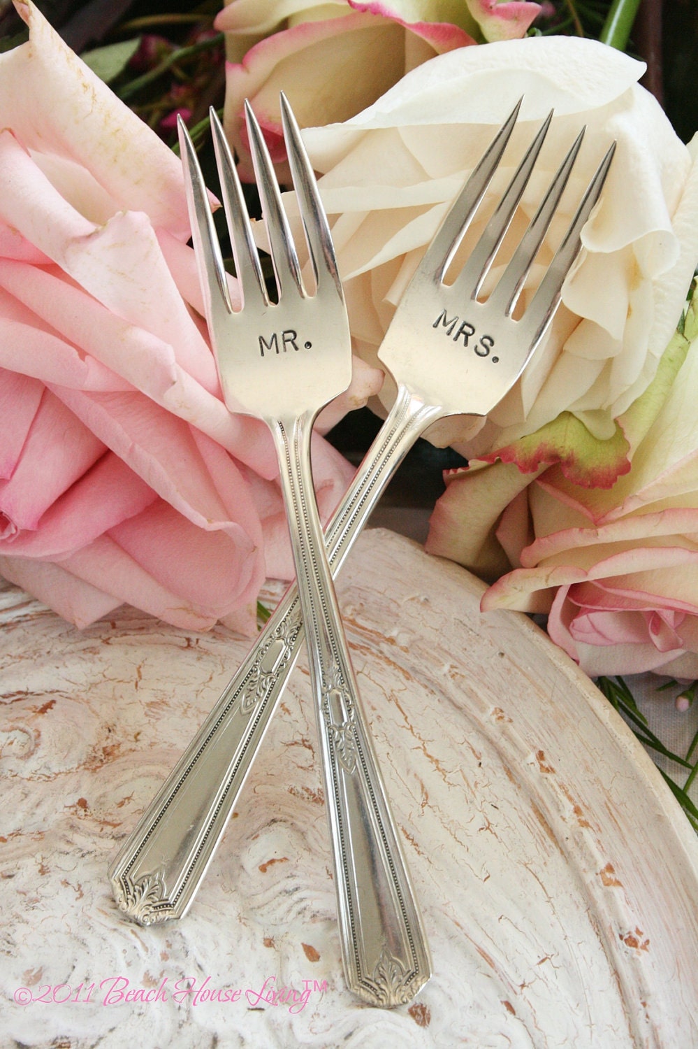 Customized Mr and Mrs wedding cake forks by BeachHouseLiving