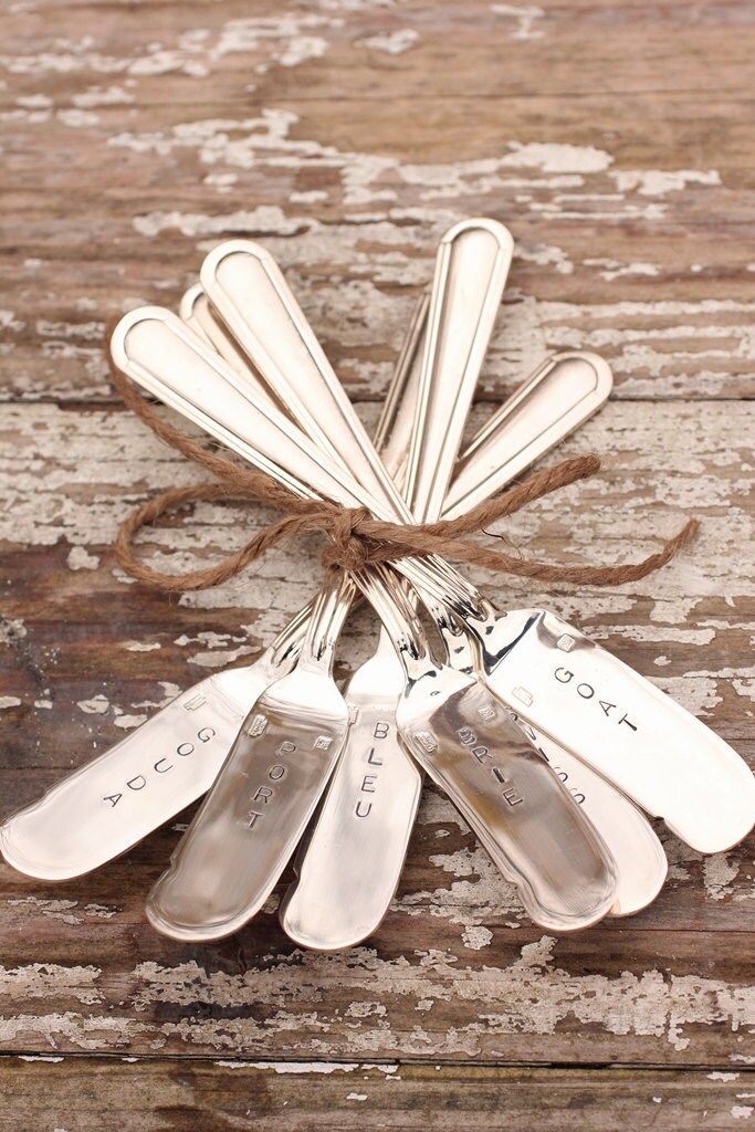 Cheese Markers Set of 6 Euro Style Hand Stamped Silverware