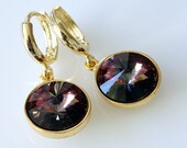Swarovski Rivoli Earrings, Rivoli Crystals, Tabac Color, Hoop Dangle Earring, Gold Plated Finish