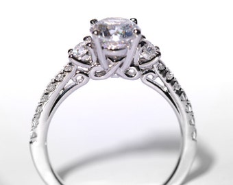 CUSTOM Made - 1.35 carat Round - Pave - 3 stone - Diamond Engagement Ring 14K white gold - Weddings- Luxury- Brides