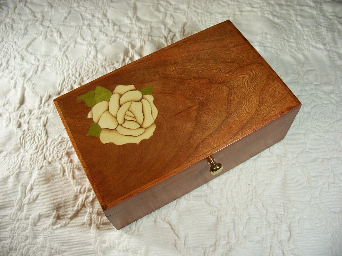 Floral Jewelry Box Keepsake Box Cherry Wood Rose Inlay