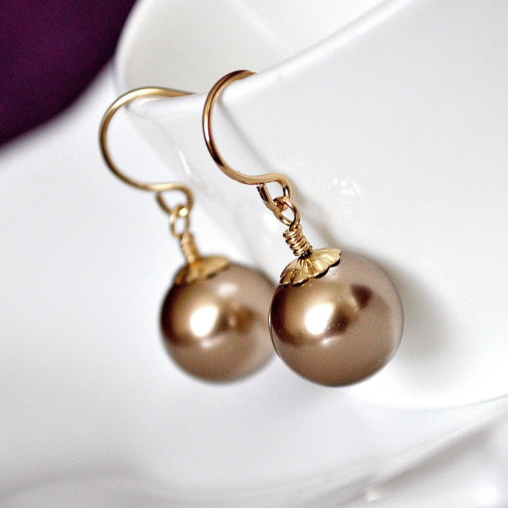 Bronze Pearl Earrings. Brown Bridesmaid Earrings. Single Drop