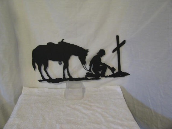 Praying Cowboy with Horse and Tall Cross Metal Western Wall