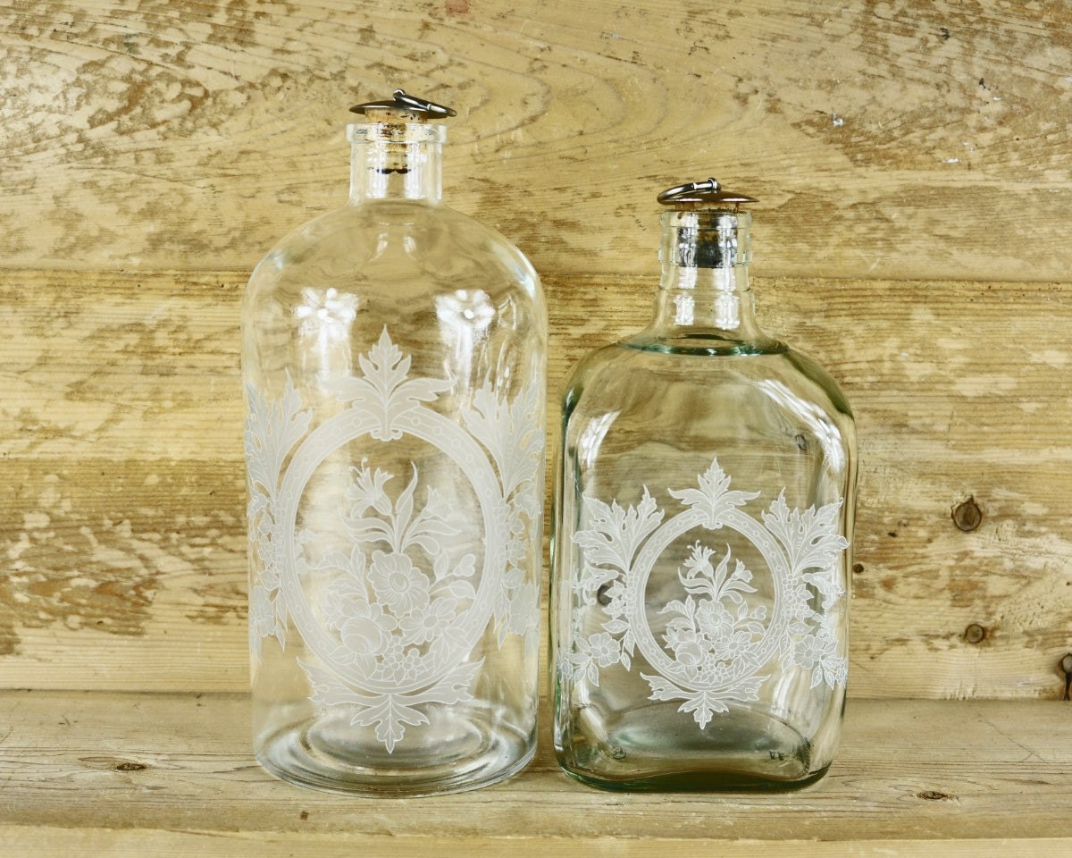 Download Antique Etched Glass Bottle with Cork Stopper