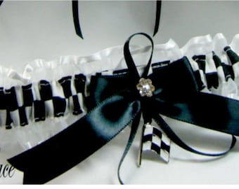 CHECKERED FLAG racing wedding garters white garter Toss