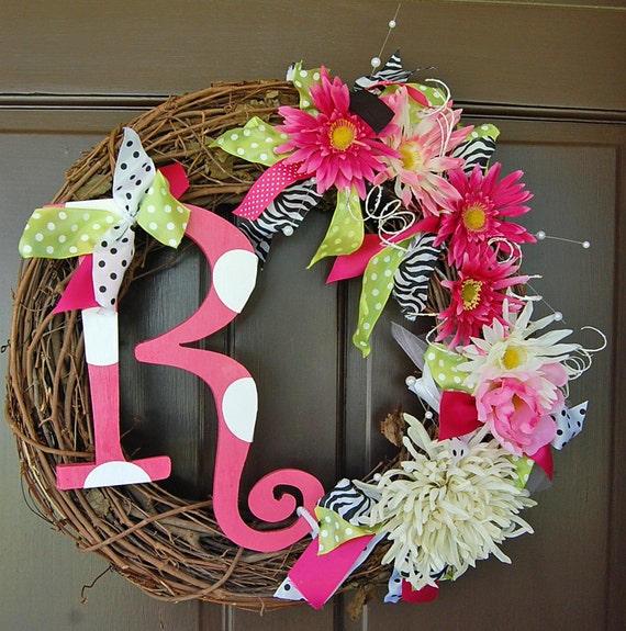 Items similar to Totally Custom Initial Wreath with flowers ribbon ...