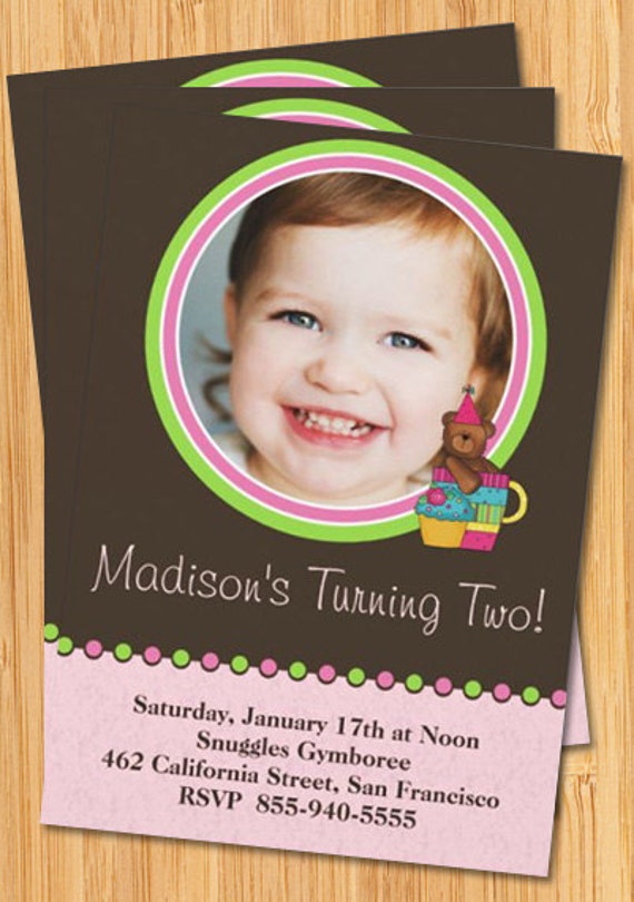 Kids Photo Birthday Party Invitations Pink Bear - Fully Customizable Il_570xn