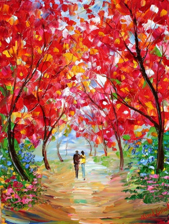 Original oil painting Fall Landscape Couple romance
