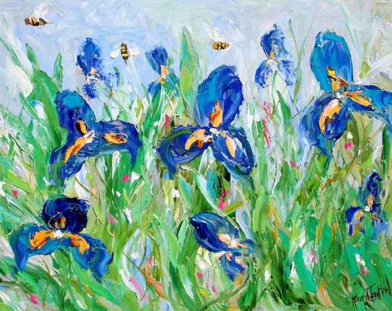 Original oil painting Iris Flowers and Bees - impressionism impasto fine art by Karen Tarlton