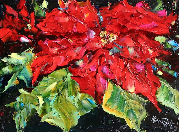 Original oil painting Christmas Poinsettia palette knife fine