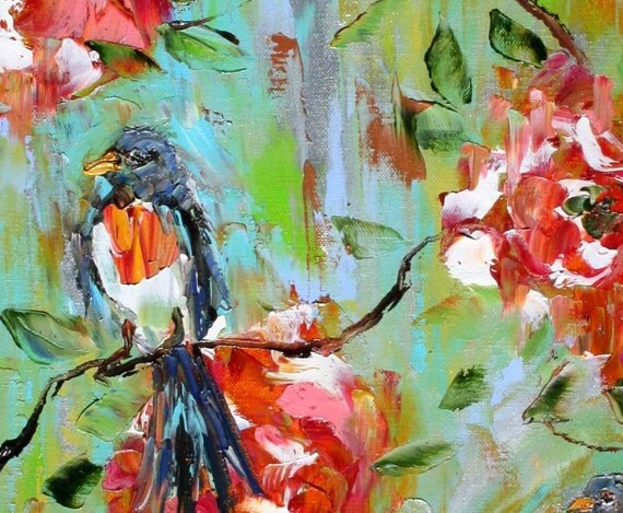 Original Oil Painting Spring Birds Flowers impressionism