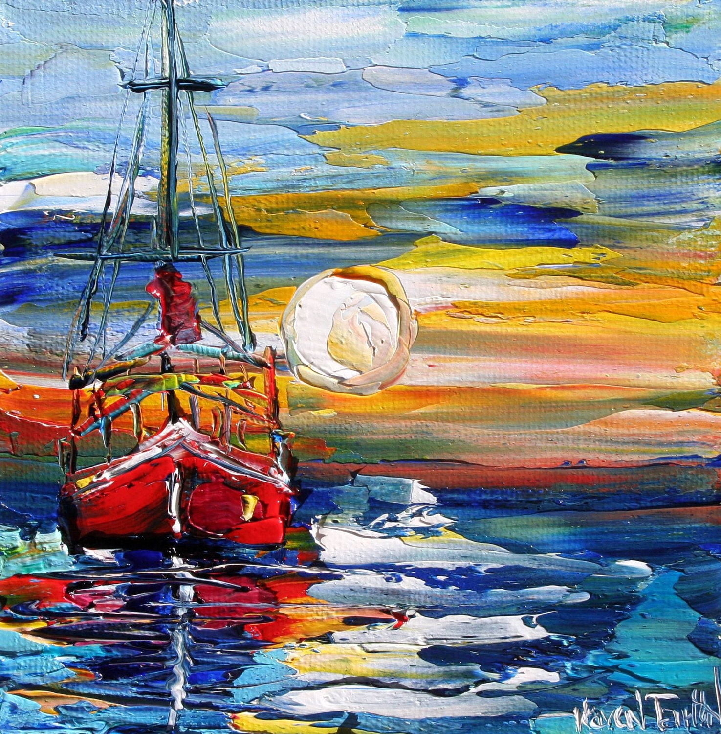 Original oil BOAT PALETTE KNIFE painting impasto fine art by