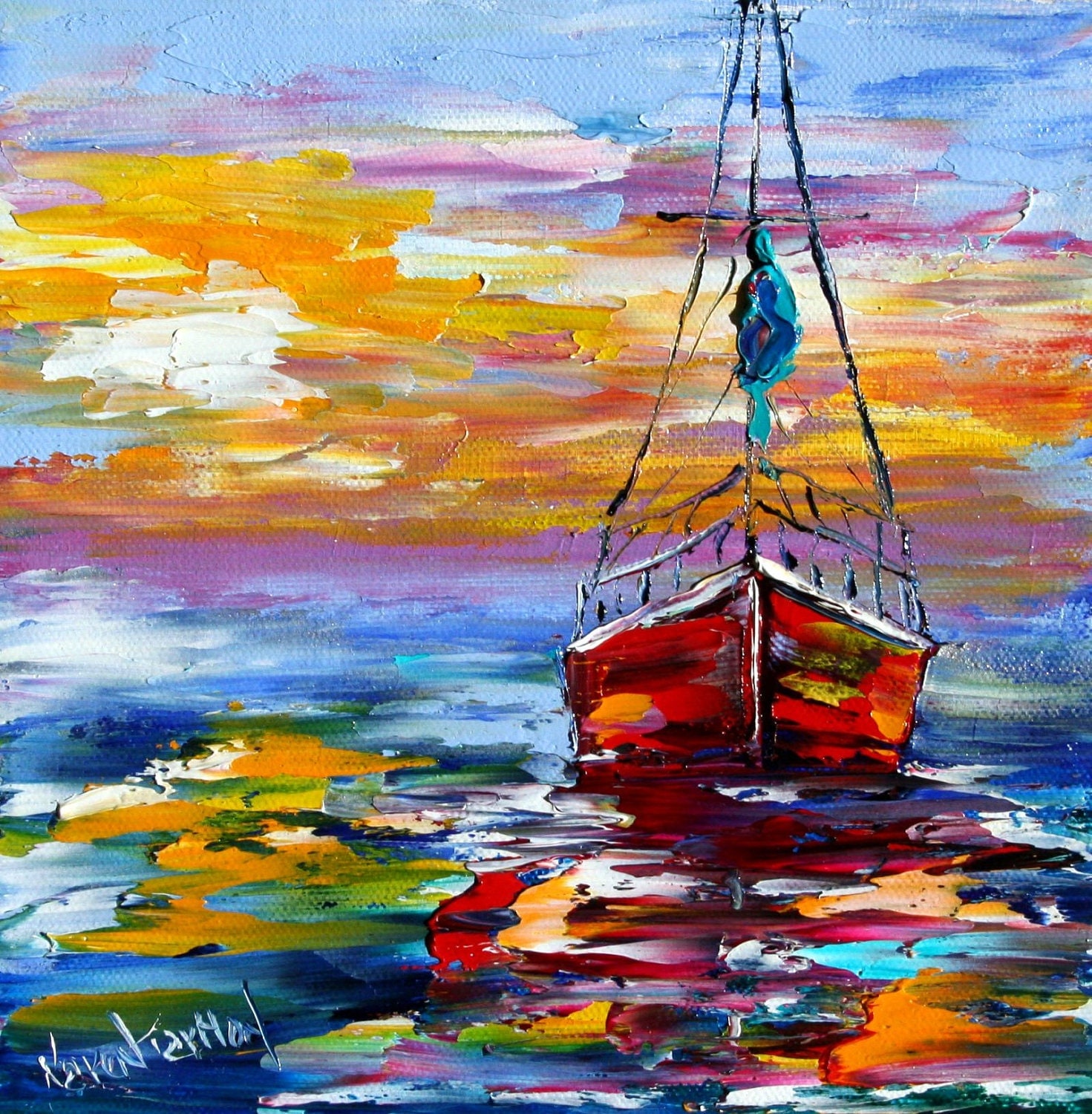 Original oil painting Sunset BOAT PALETTE KNIFE by Karensfineart
