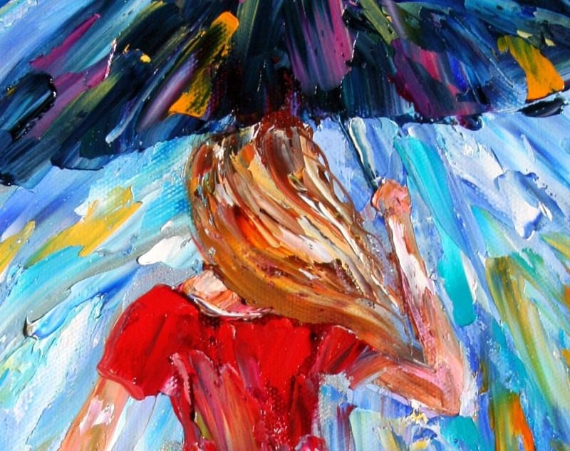 Original oil painting Umbrella Rain Dance modern impressionism