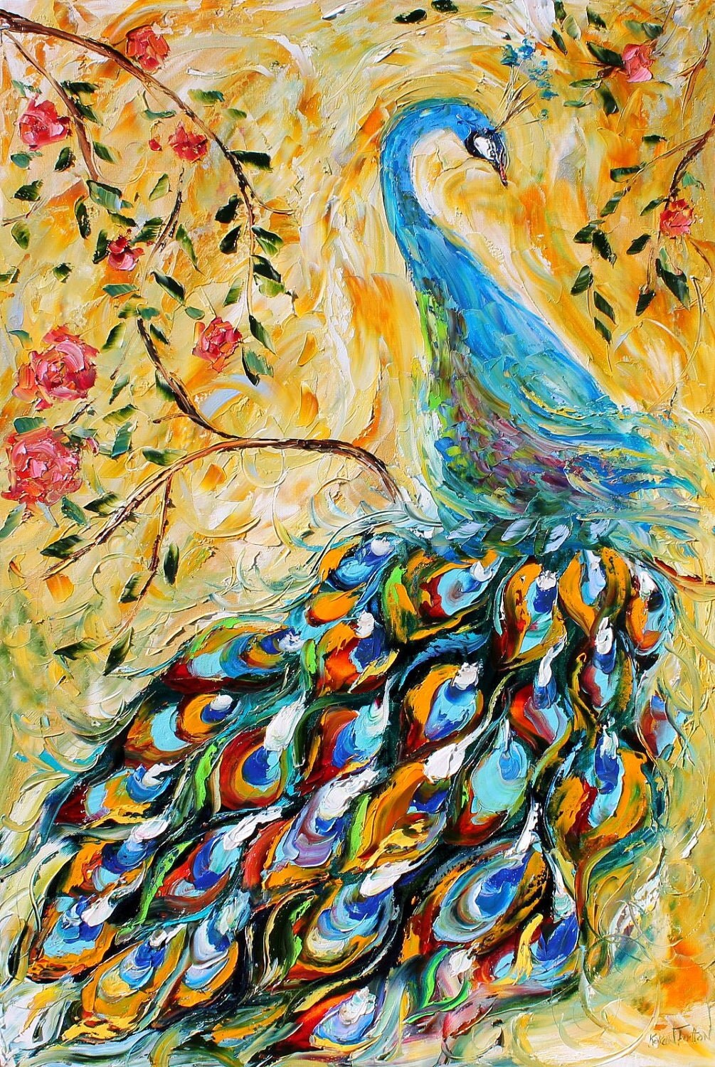 Original Peacock Oil Painting Textured Palette by Karensfineart