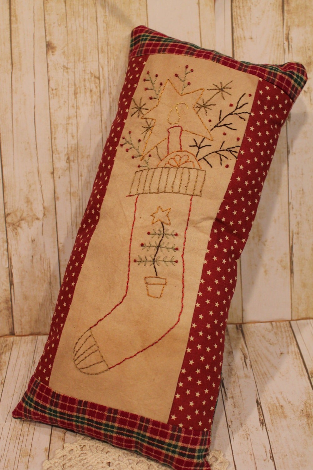 Primitive Christmas Stocking Pillow Home Decor Folk Art