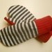 Striped Cashmere and Red Wool Mittens - soft, felted, recycled cashmere and wool fully lined with soft fleece. Ladies Medium.