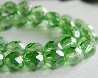 Faceted Round Czech glass beads, fire polished beads, 8mm, Clear Peridot & luster (20pcs)